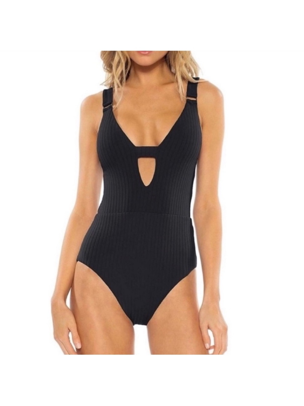 BECCA Black Ribbed One-Piece Swimsuit with Front Keyhole